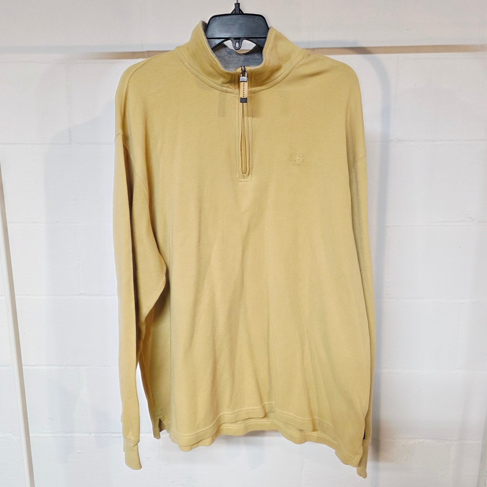 Izod Mens XL Quarter Zip‎ Pullover Sweater Mustard Yellow Ribbed Knit Mock Neck